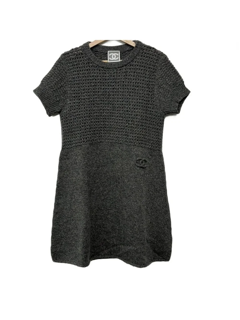Chanel Dress L Dark Gray Crew Neck Short Sleeve Knee-Length Knit